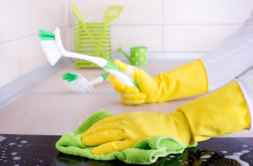 Domestic cleaner tidying a modern Chelsea kitchen